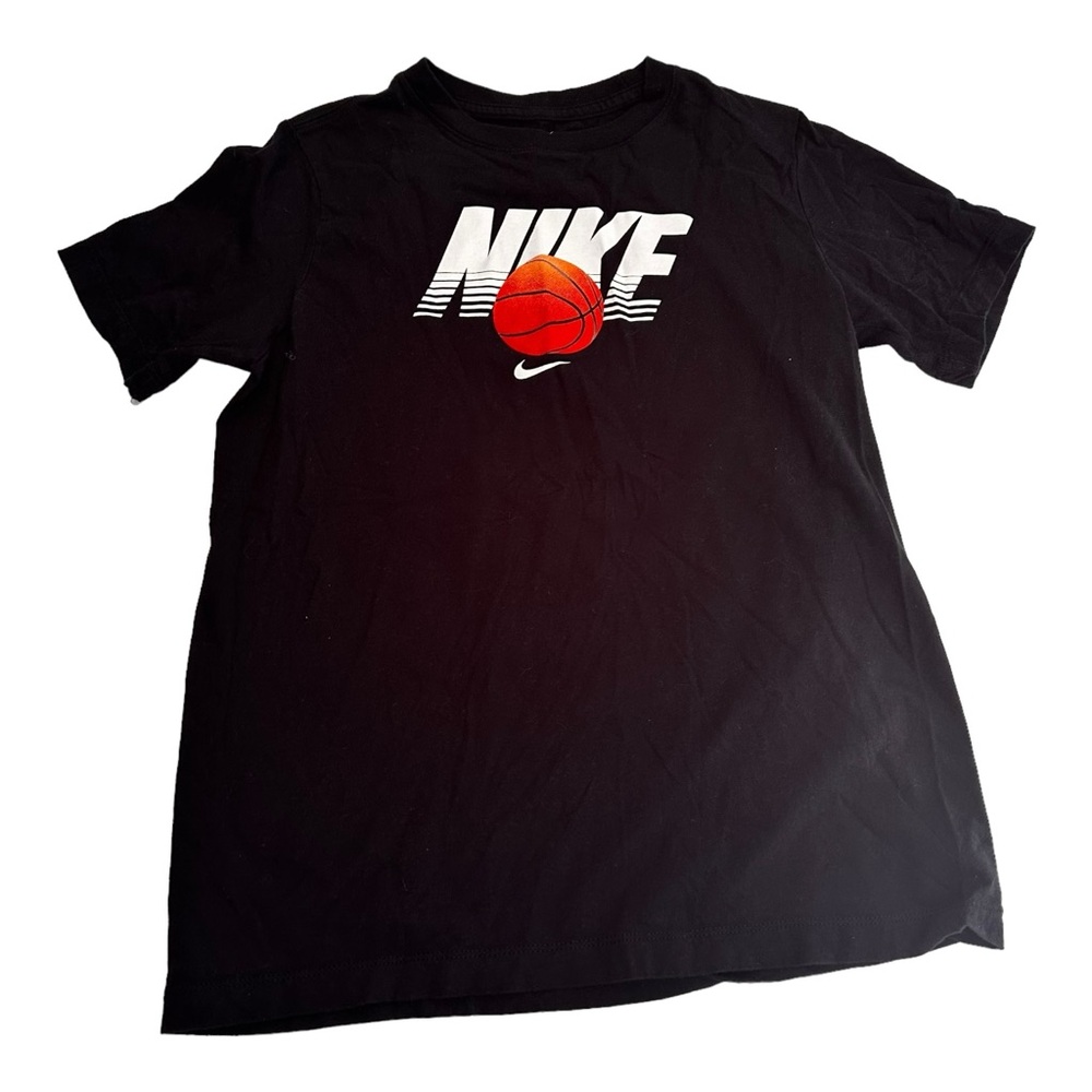 Nike Black Tee with White Logo and Red Basketball Graphic